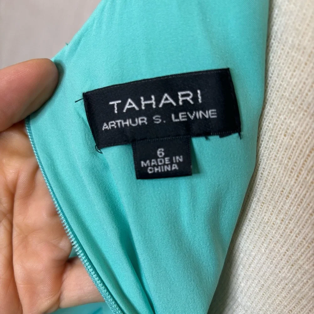 TAHARI Turquoise Tiered Pleated Stretch Cotton Poplin Tie Back Belt Maxi Dress - Picture 8 of 11